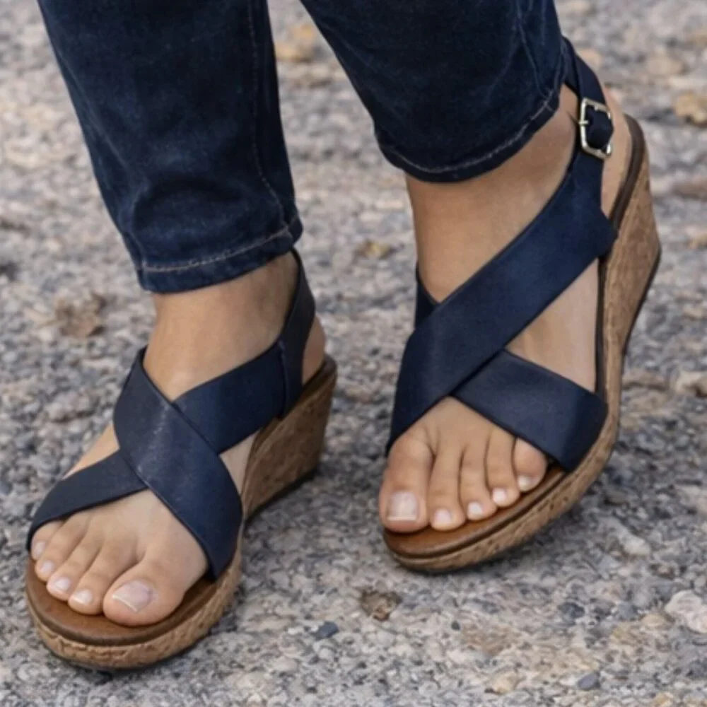Jessica Cline Dreamer Wedge Slingback Sandals Navy Cork Print 10M